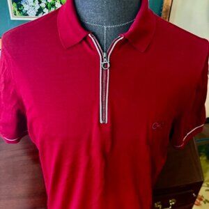 Salvatore Ferragamo Men's 1/4 Zip Embroidered Pique Polo Shirt, Red, L Excellent